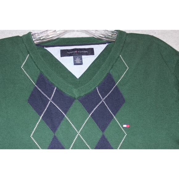 Tommy Hilfiger Sweater Mens Medium Green Argyle Long Sleeve V Neck Pullover - Picture 2 of 8